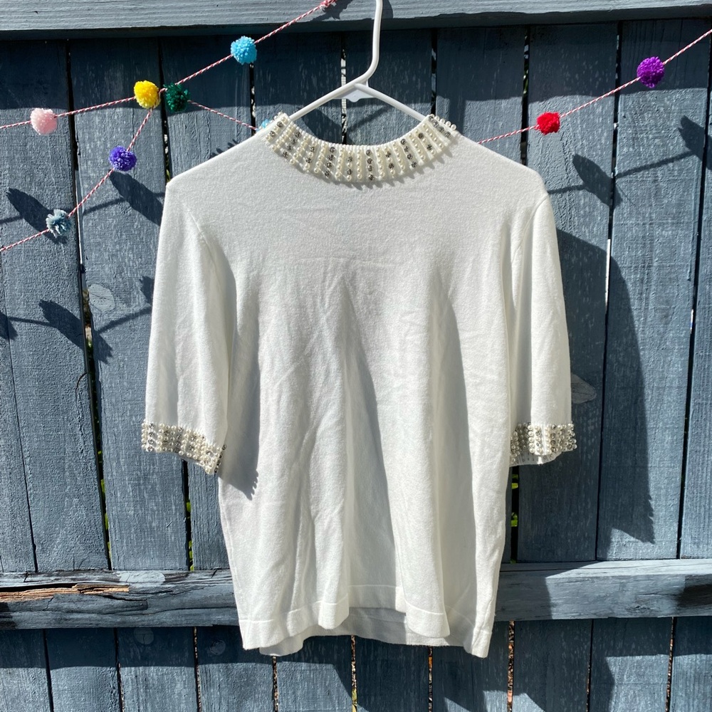 Cream Knit Sweater with Pearl Collar